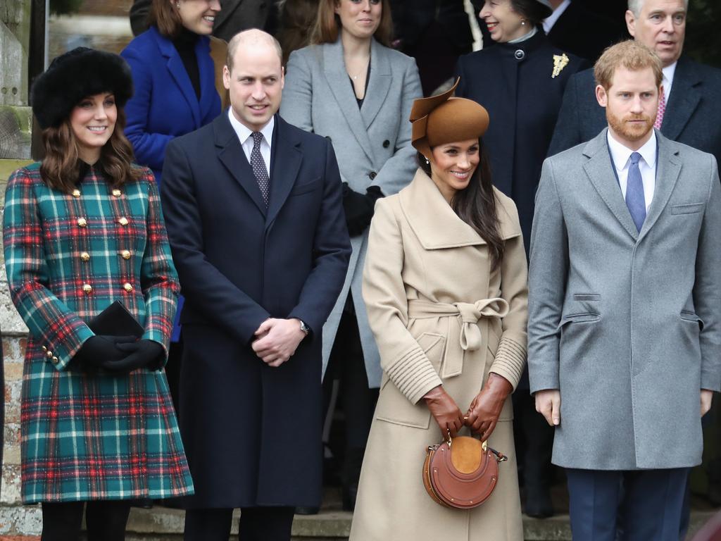 Catherine, Duchess of Cambridge, Prince William, Duke of Cambridge, Meghan, Duchess of Sussex, and Prince Harry, Duke of Sussex attend Christmas Day Church service last year. Picture: Getty