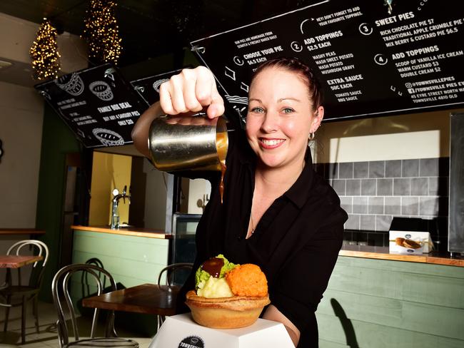 Townsville Pies Manager Hope Turner prepares for the grand opening at Eyre Place North Ward. Picture: Shae Beplate.