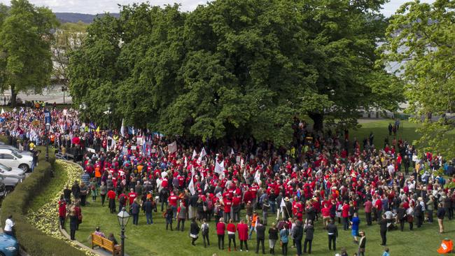 Public service union members at a rally on Parliament Lawns.