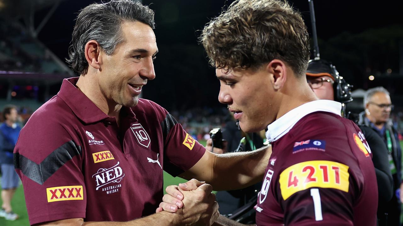 ADELAIDE, AUSTRALIA - MAY 31: Maroons coach Billy Slater and Reece Walsh of the Maroons celebrate winning game one of the 2023 State of Origin series between the Queensland Maroons and New South Wales Blues at Adelaide Oval on May 31, 2023 in Adelaide, Australia. (Photo by Cameron Spencer/Getty Images)