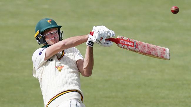 Tasmania’s Beau Webster hits out against against Western Australia at Bellerive Oval in Hobart