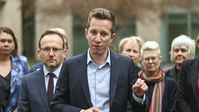 Max Chandler-Mather and the Australian Greens hold a press conference at Parliament House in Canberra. Picture: NCA NewsWire / Martin Ollman