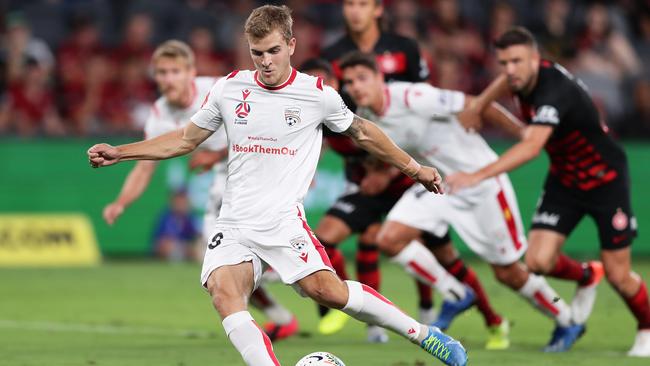 Adelaide United’s Riley McGree scores from the penalty spot in a 5-2 loss to Western Sydney at Bankwest Stadium. (Photo by Matt King/Getty Images)