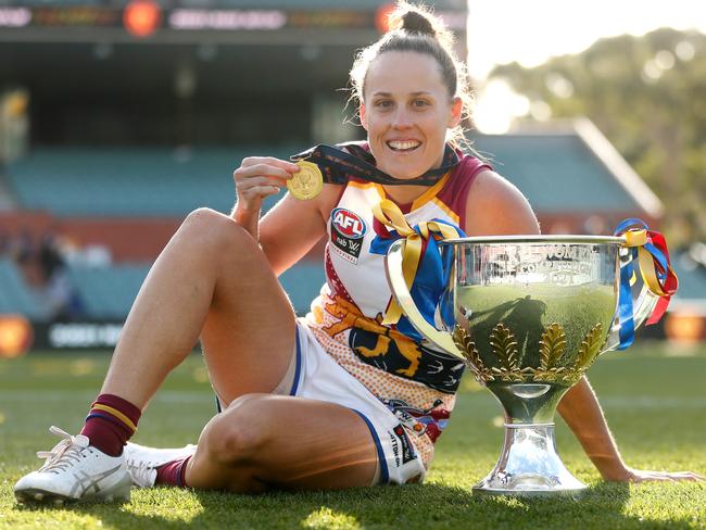 ADELAIDE, AUSTRALIA - APRIL 17: Emma Zielke of the Lions poses for a photo after the victory during the 2021 AFLW Grand Final match between the Adelaide Crows and the Brisbane Lions at Adelaide Oval on April 17, 2021 in Adelaide, Australia. (Photo by Michael Willson/AFL Photos via Getty Images)