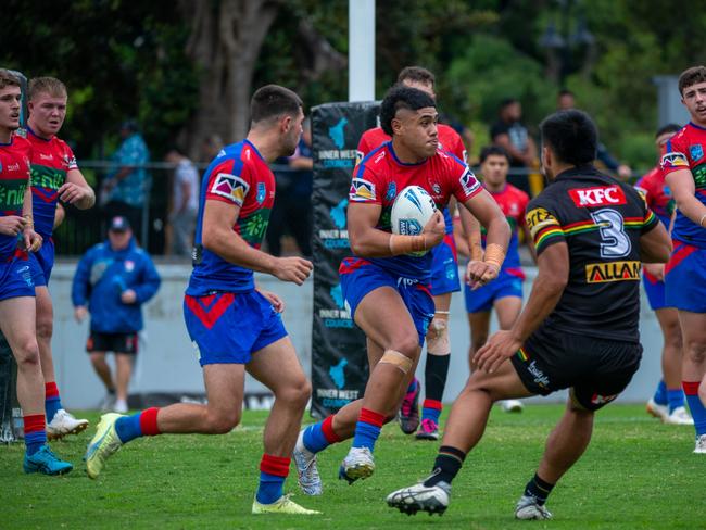 Elijah Salesa leaumoana hits the line at speed. Picture: Thomas Lisson