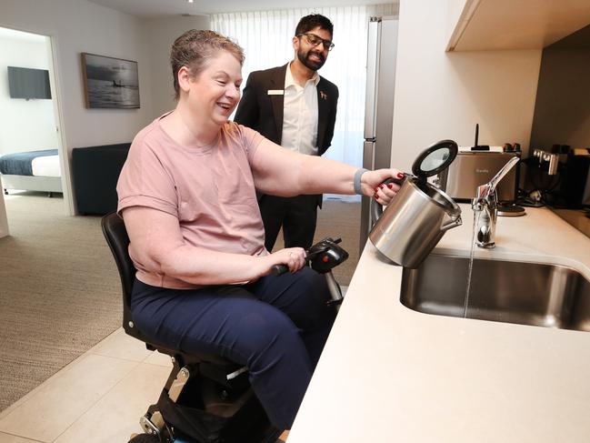 Rooms Division Manager Kieren Verma and Jane Blundy check out the facilities at Quest Robina. Picture: Glenn Hampson.