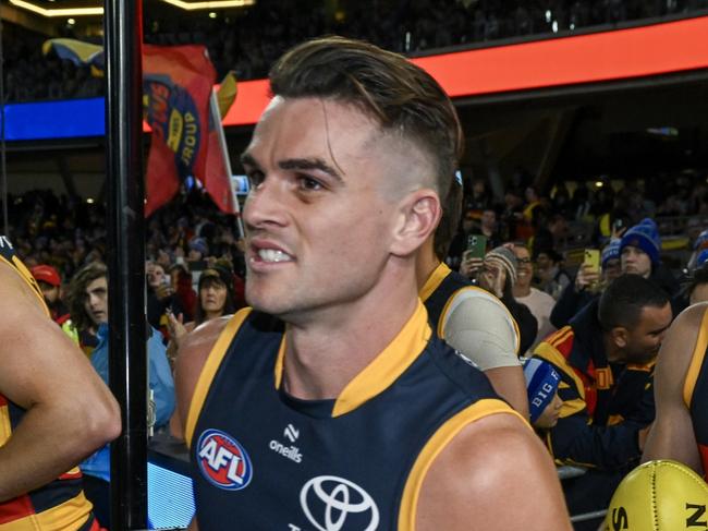 ADELAIDE, AUSTRALIA - JUNE 06:   Ben Keays of the Crows   follows his team  mates out during the round 13 AFL match between Adelaide Crows and Richmond Tigers at Adelaide Oval, on June 06, 2024, in Adelaide, Australia. (Photo by Mark Brake/Getty Images)