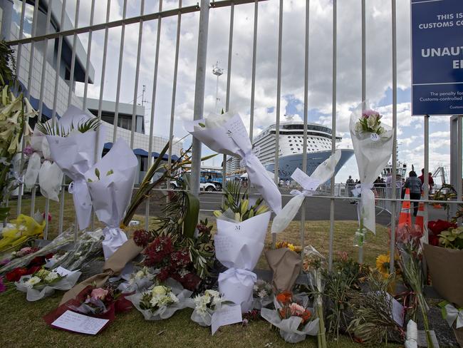 Flowers left behind for those affected and killed by the White Island volcano eruption. Picture: John Boren/Getty