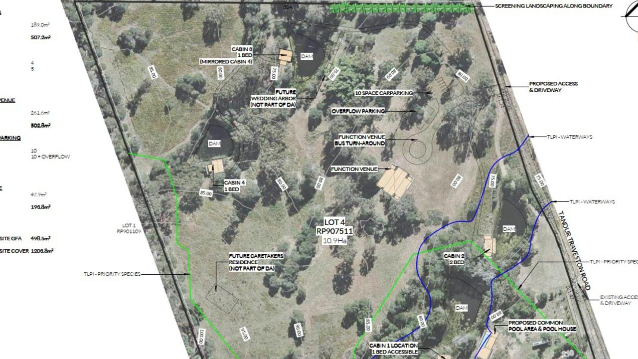 Plans for the venue show the “barn” facility would be located at the centre of the Tandur Traveston Rd site, with the four cabins spread around the land.