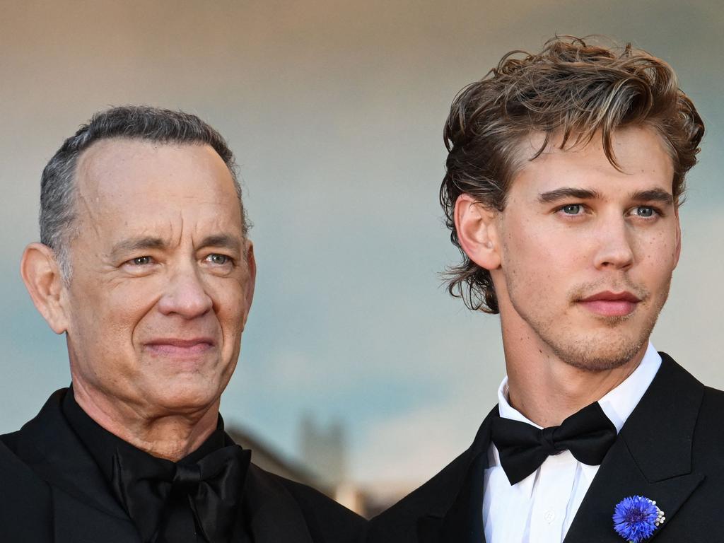 Tom Hanks, who plays Elvis’ manager Colonel Tom Parker, and Austin Butler. Picture: AFP