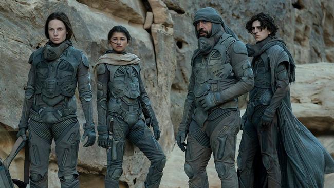 Rebecca Ferguson, Zendaya, Javier Bardem and Timothee Chalamet in Dune. Picture: Warner Bros