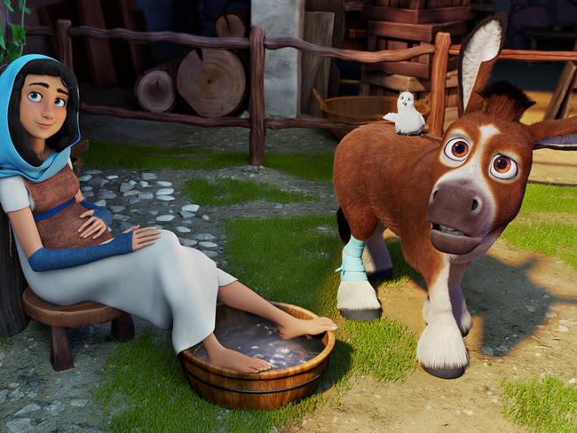 Mary (voiced by Gina Rodriguez) with Dave (Keegan-Michael Key) and Bo (Steven Yeun) retell the Nativity story in The Star. Picture: Sony Pictures Animations