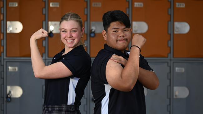 The Heights School students McKenzie Walden and Mohammad Zainal get set for Covid-19 vaccinations to be made available in SA schools. Picture: NCA NewsWire / Naomi Jellicoe