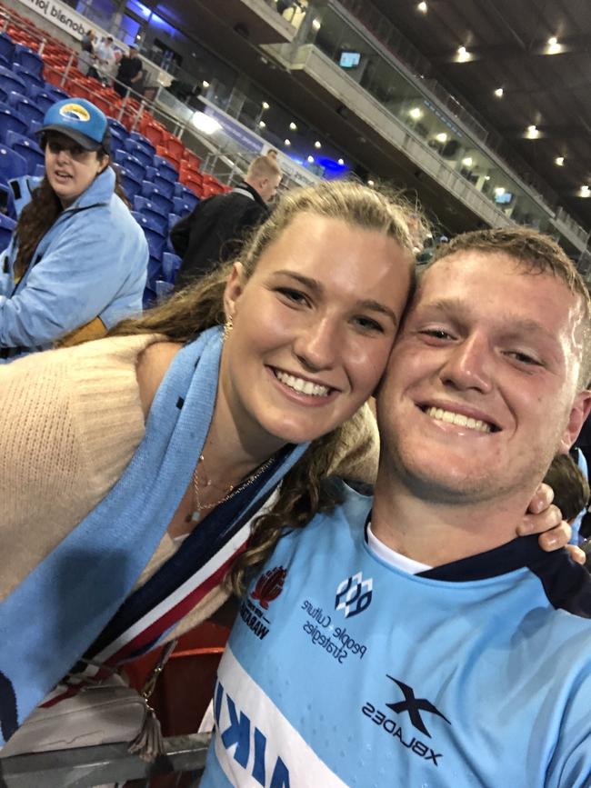 Tilly Kearns and Waratahs star Angus Bell.