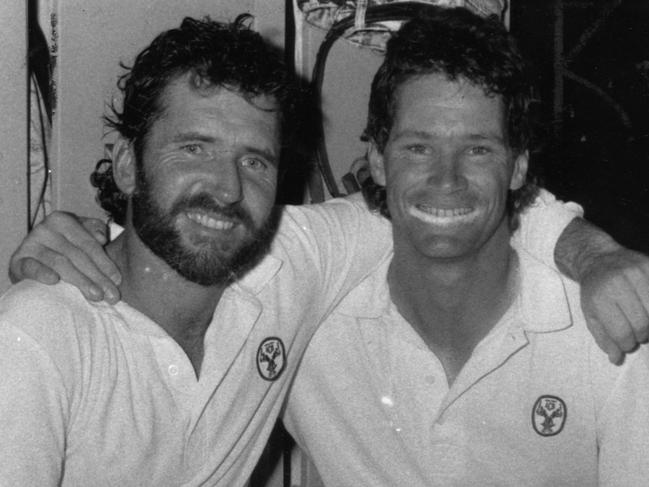 Cricket - Australia vs West Indies Fifth Test match at Adelaide Oval, 03 Feb 1989. Mutual congratulations between Dean Jones (r) and his captain Allan Border after their unfinished stand of 208. (Pic by unidentified staff photographer)