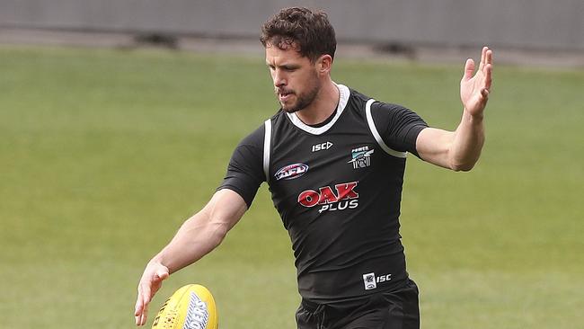 Port Adelaide’s Travis Boak trains at Adelaide Oval on Tuesday. Picture: SARAH REED