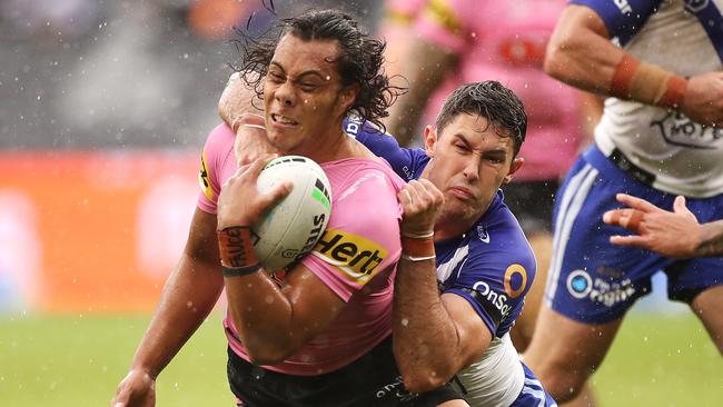 Jarome Luai tormented the Bulldogs’ defence in difficult conditions. Picture: Getty Images