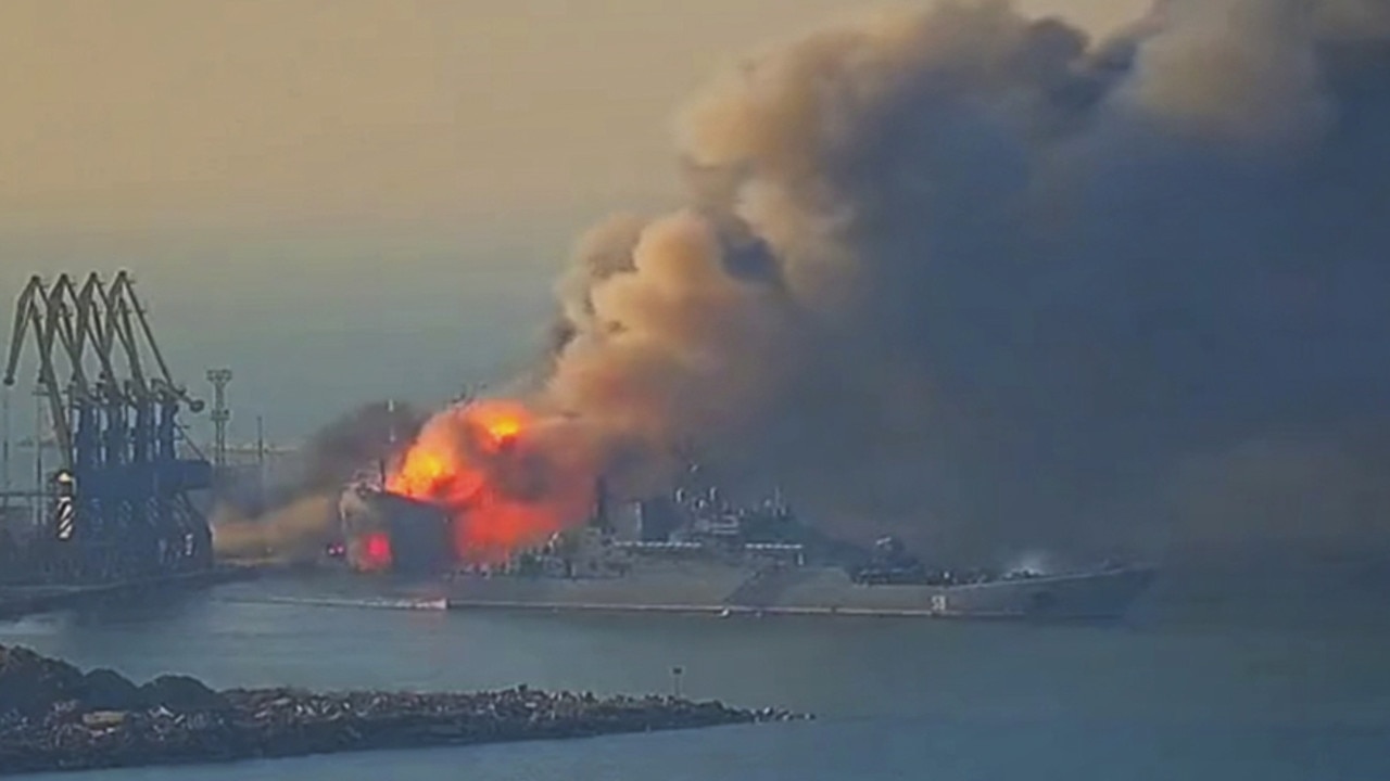 A Russian warship flees after it is destroyed near the besieged city of Mariupol, according to the Ukrainian navy.