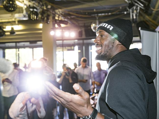 Usain Bolt fronts the press after his first Mariners training session. Picture: Dylan Robinson