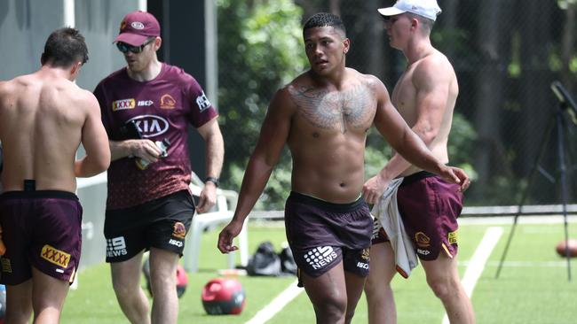 Broncos palyers at their Red Hill training ground on Wednesday. Picture: Annette Dew