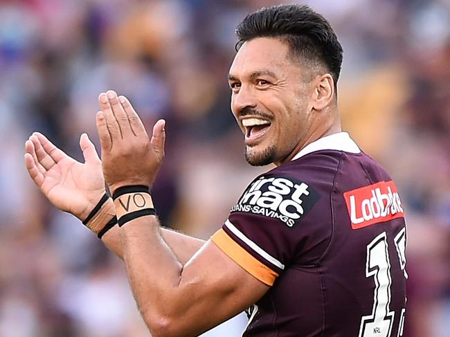 BRISBANE, AUSTRALIA - SEPTEMBER 04: Alex Glenn of the Broncos celebrates during the round 25 NRL match between the Brisbane Broncos and the Newcastle Knights at Suncorp Stadium, on September 04, 2021, in Brisbane, Australia. (Photo by Matt Roberts/Getty Images)