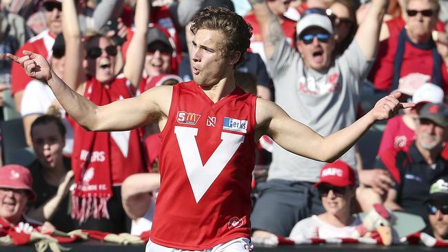 North Adelaide’s Boyd Woodcock celebrates a goal in the SANFL grand final. Picture: Sarah Reed