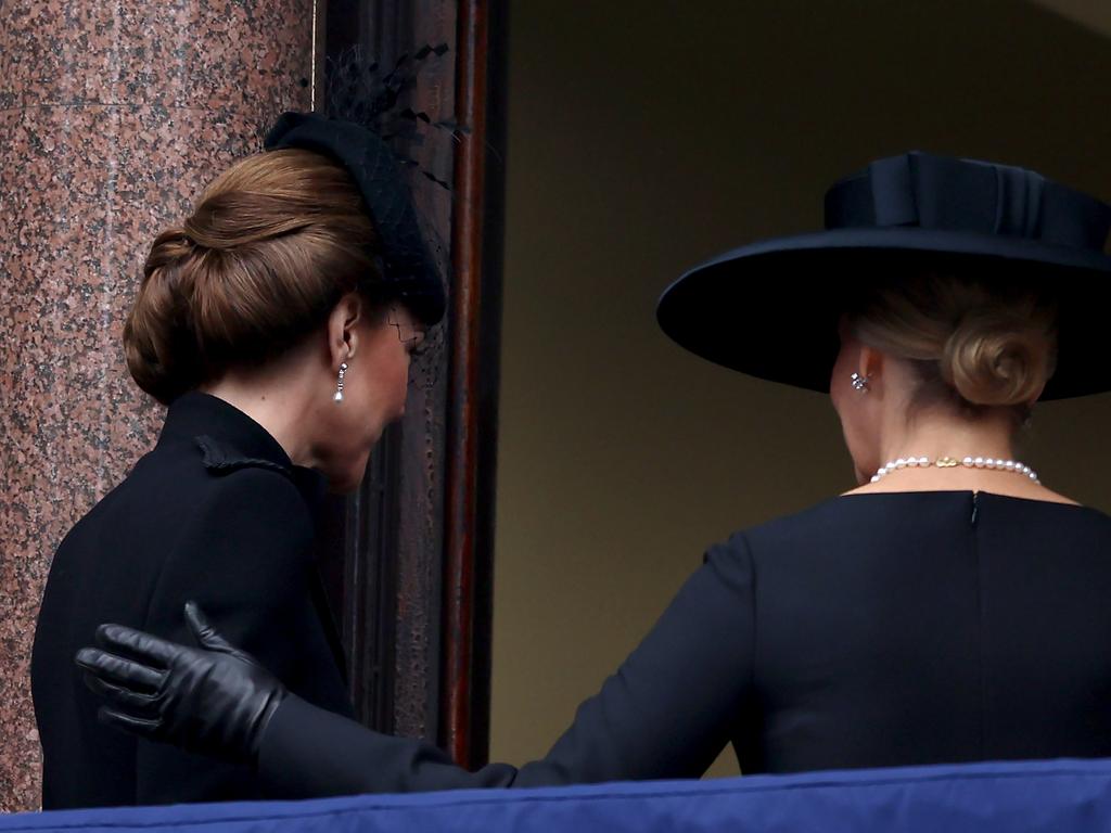 Sophie, Duchess of Edinburgh places a protective hand on Princess Catherine after the National Service of Remembrance at The Cenotaph. Picture: Chris Jackson/Getty Images