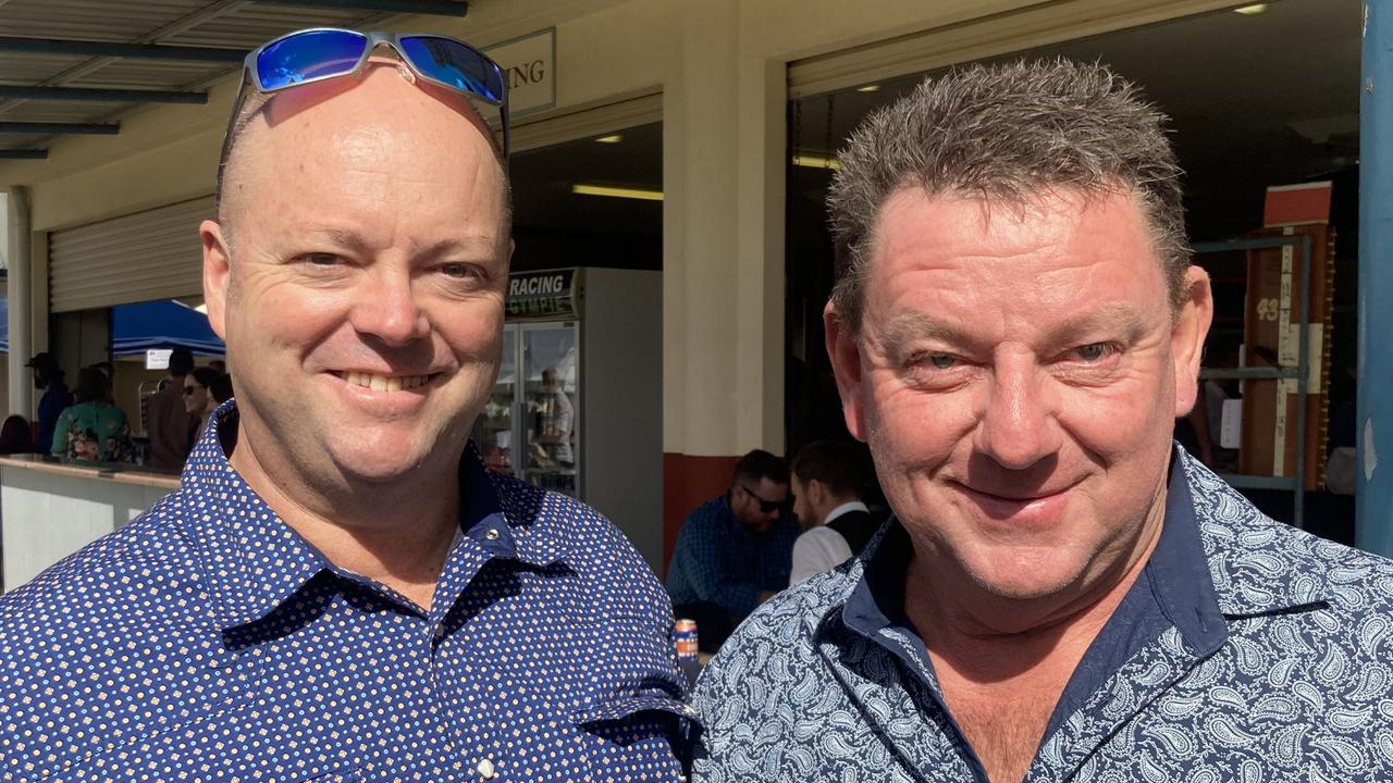 David Jensen and Andrew Tierney enjoy a day of fun at the Gympie Races on Saturday, July 15, 2023.