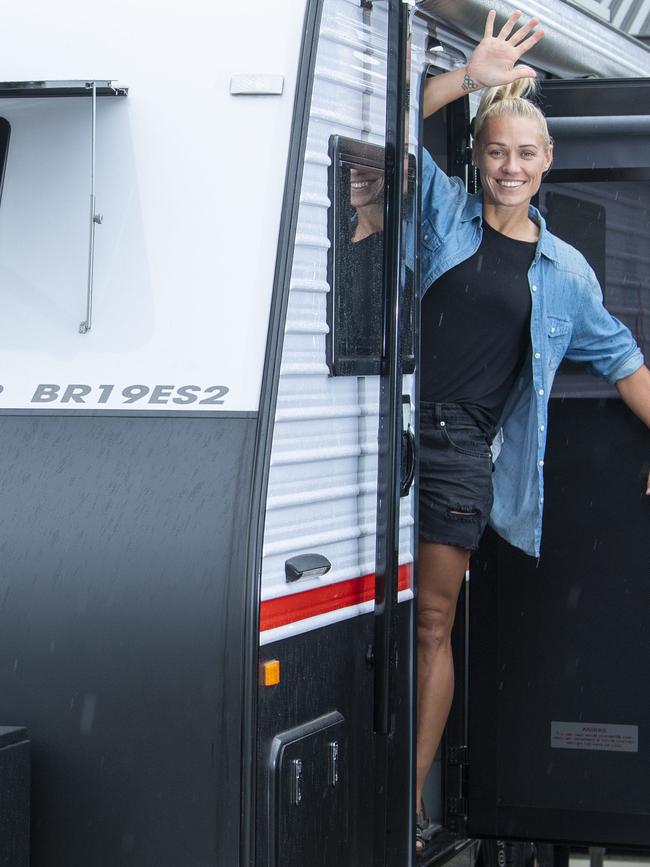 Erin Phillips and the caravan in her driveway. Picture: Mark Brake