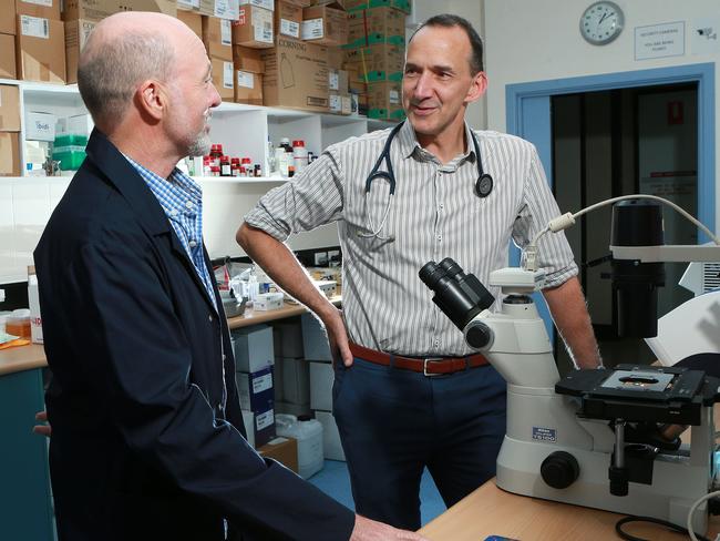 Respiratory specialist Professor Dan Chambers (right) speaking with scientist Dr Simon Apte at The Prince Charles Hospital. Dr Chambers has called for urgent research dollars to fund a human trial into a potential treatment for silicosis. Picture: Sarah Marshall/AAP