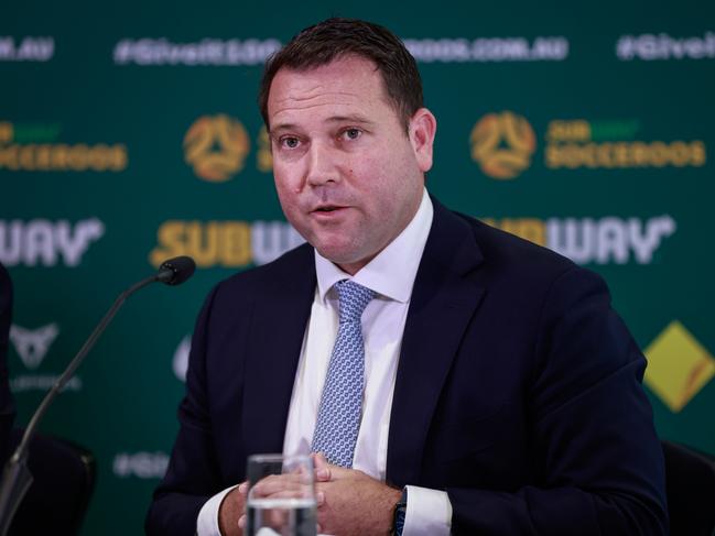 SYDNEY, AUSTRALIA - JANUARY 30: James Johnson speaks to the media during a press conference announcing the new Socceroos head coach at Dexus Place on January 30, 2023 in Sydney, Australia. (Photo by Hanna Lassen/Getty Images)
