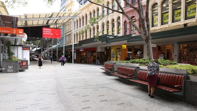 An empty Brisbane CBD. Major metropolitan CBDs are struggling with low occupancy rates as Covid transforms traditional shopping and work practices. Picture: Liam Kidston.