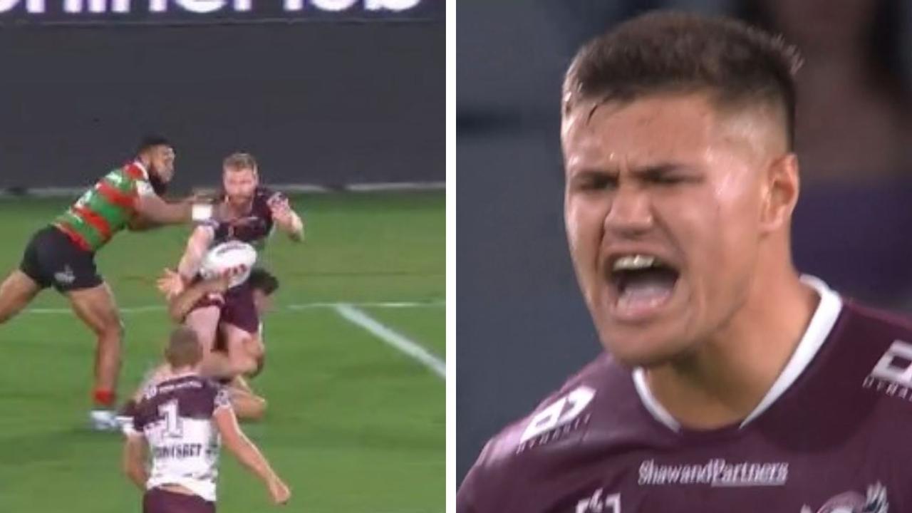 The Sea Eagles weren't happy this was called forward. Photo: Fox Sports