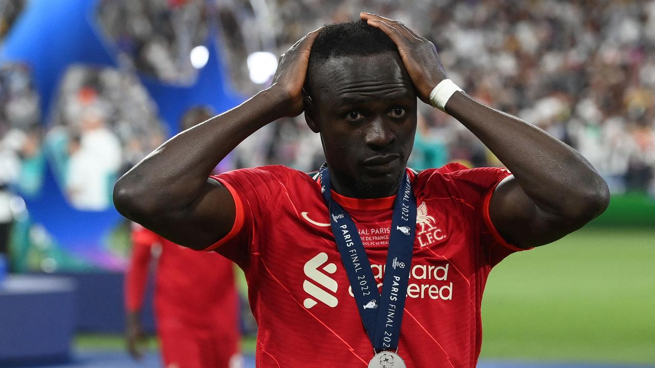 Liverpool's Senegalese striker Sadio Mane reacts after losing the UEFA Champions League final football match between Liverpool and Real Madrid at the Stade de France in Saint-Denis, north of Paris, on May 28, 2022. (Photo by FRANCK FIFE / AFP)