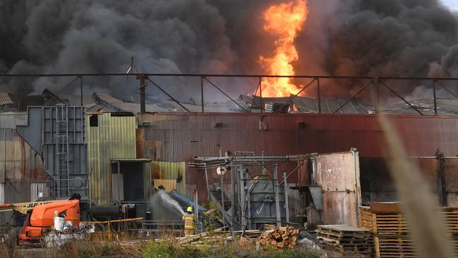 It took fire crews 17 hours to bring the massive August 2018 blaze under control with a toxic plume billowing over Melbourne’s west. Picture: AFP