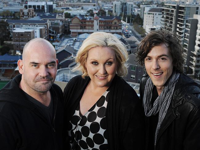 Marty Sheargold with Meshel Laurie and Tim Blackwell. Laurie congratulated Triple M and Southern Cross Austero for parting ways with Sheargold. Picture: Supplied