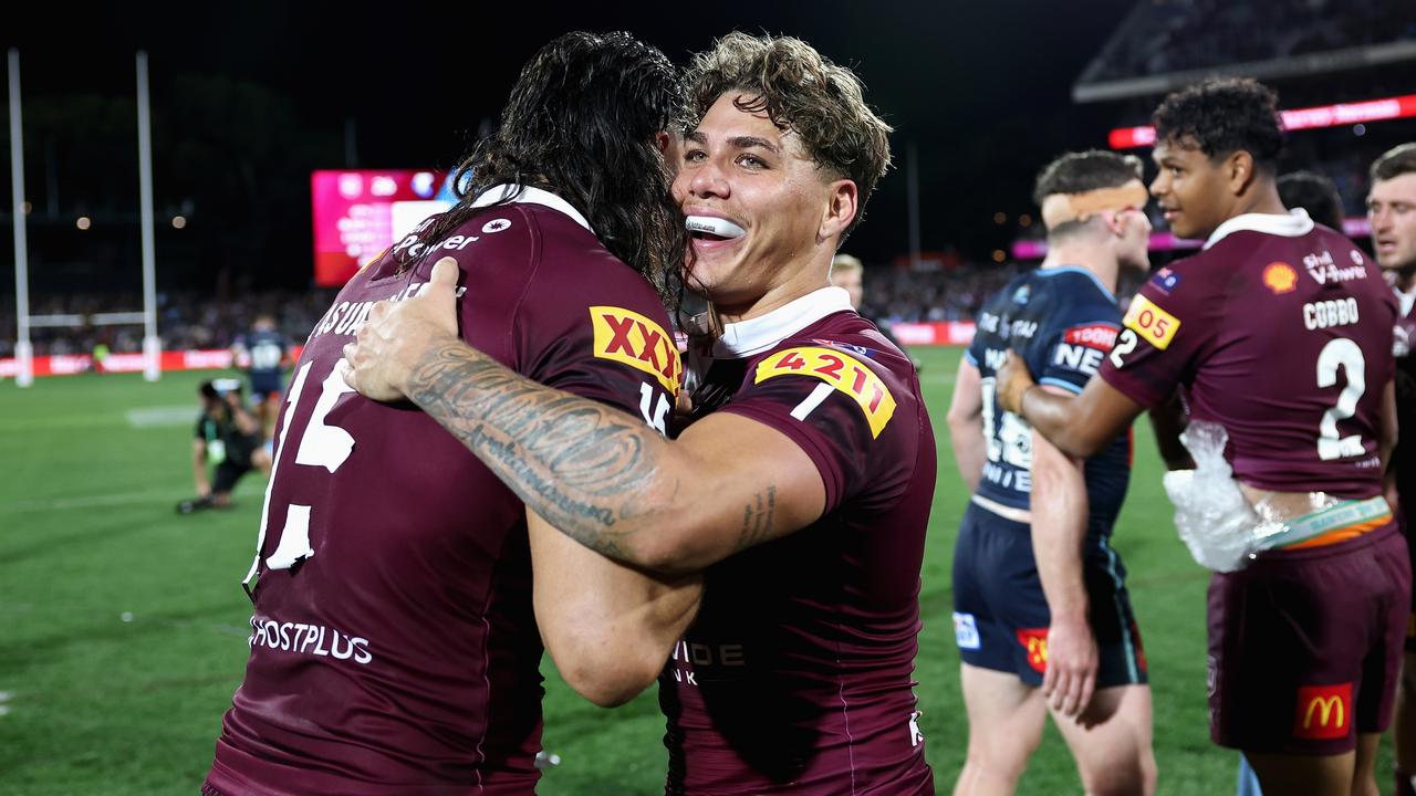 ADELAIDE, AUSTRALIA – MAY 31: Tino Fa'asuamaleaui of the Maroons and Reece Walsh of the Maroons celebrate winning game one of the 2023 State of Origin series between the Queensland Maroons and New South Wales Blues at Adelaide Oval on May 31, 2023 in Adelaide, Australia. (Photo by Cameron Spencer/Getty Images)