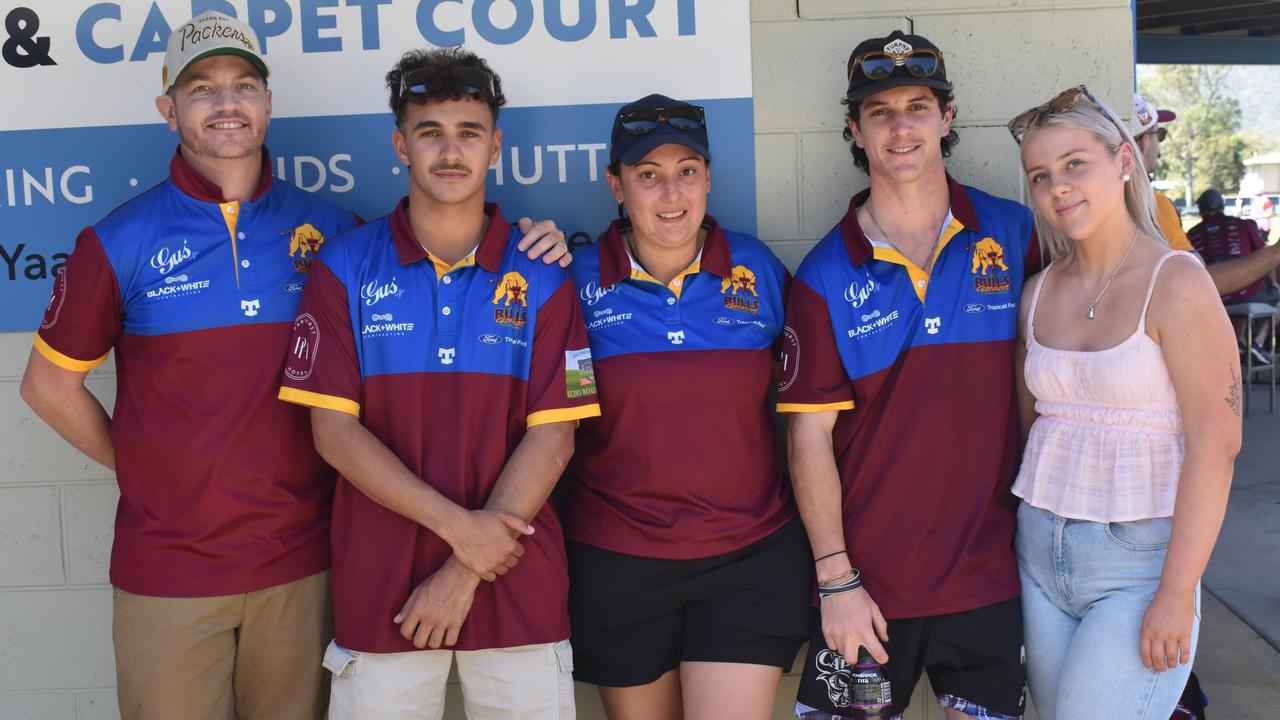 Sean Peckover, Dallyn Marou, Carrie Bennett, Brodie Bauer and Anaya Whitehead at the AFL Capricornia senior grand final day at Stenlake Park, Rockhampton, on August 31, 2024.