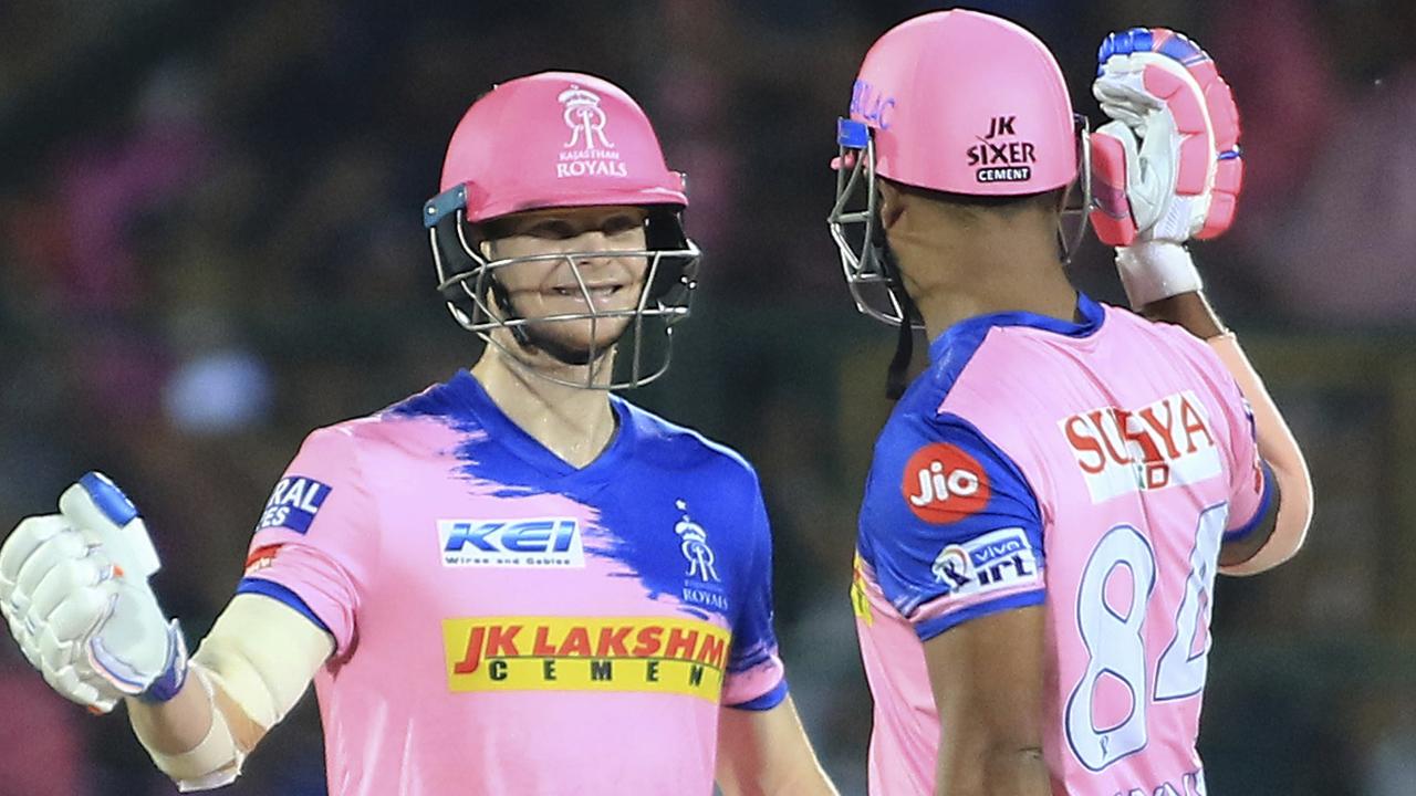 Rajasthan Royals' captain Steve Smith and Stuart Binny celebrate their victory.