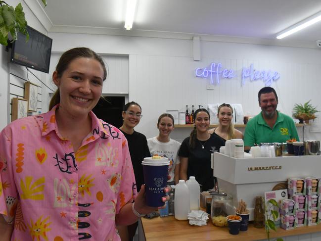 Tuesday February 12.. Heavy rain causes flooding in North Queensland. Groper Creek, near Home Hill cut off by flooding. Mackenzie Linton (front) with Bella Linton, Louisa Daley, Brea Betteridge, Ruby Linton and Ken Linton at the Home Hill News ad Coffee. Picture: Evan Morgan