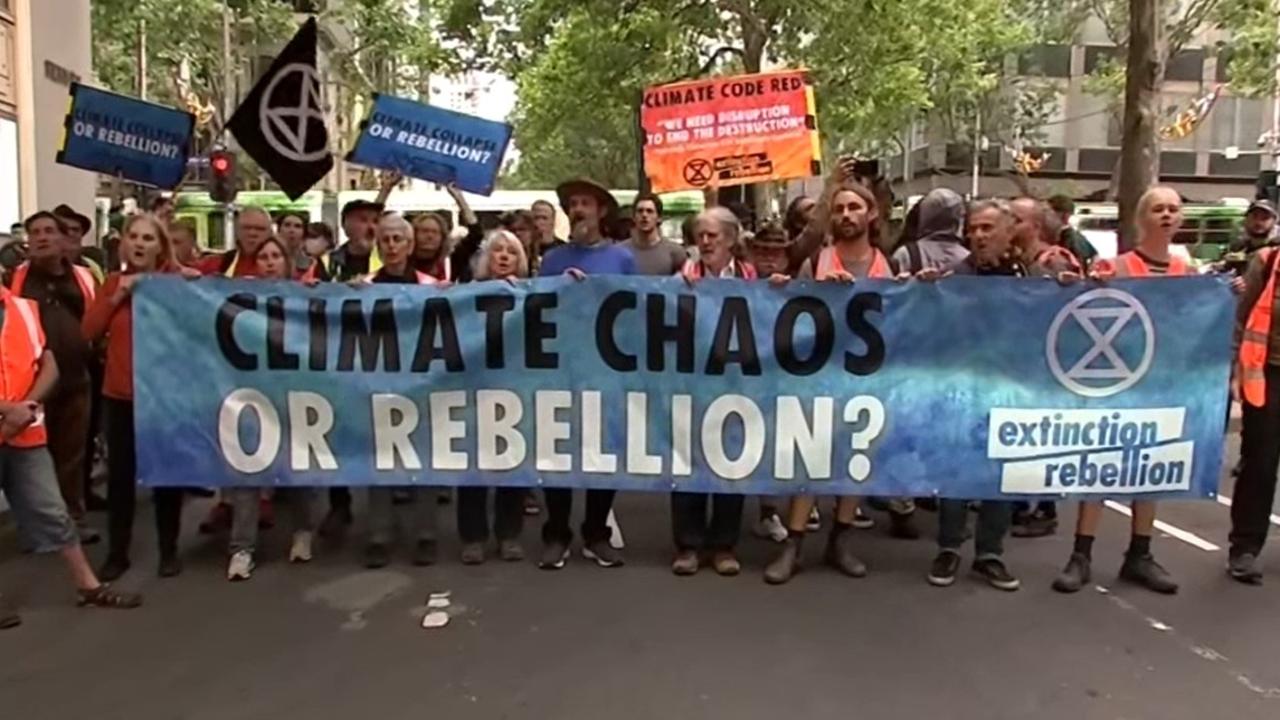 Extinction Rebellion protesters block traffic to draw attention to their beliefs. Picture: Sky News