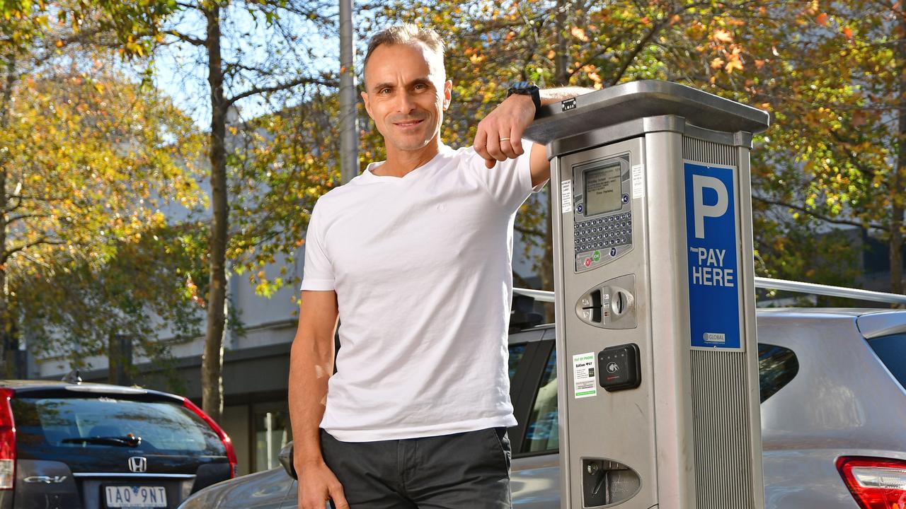 Councillor Eddy Kontelj next to a parking meter in Little Malop Street. Picture: Stephen Harman