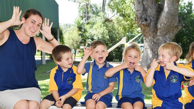 MY FIRST YEAR: Funny faces. Kandanga State School Preps. (LtoR) Mrs Rachel Fleming, Zac, Jackson, Olivia, Flynn, Jocelyn, Mrs Vicki Fromm. Picture: Patrick Woods.