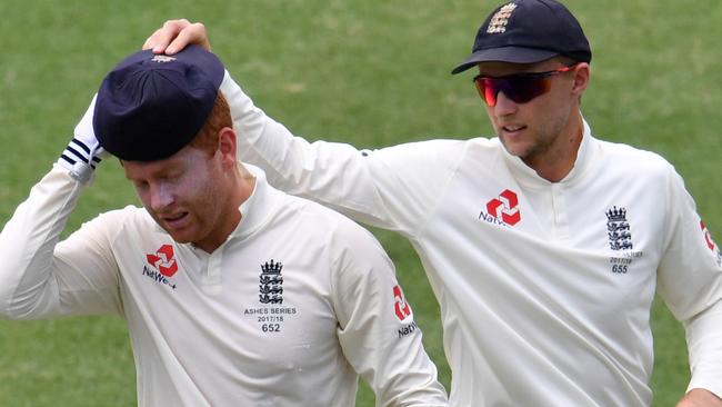 England captain Joe Root (right) has come to the defence of under-fire wicketkeeper Jonny Bairstow. Picture: AAP