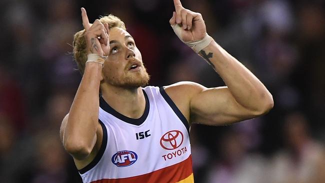 Hugh Greenwood looks to the heavens after slotting a goal. Pic: AAP