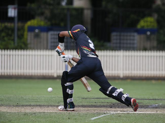 Saarim Ghias covers his stumps. Photographer: Warren Gannon Photography