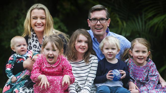 Dominic Perrottet with his wife Helen and kids Harriet, William, Annabelle, Amelia and Charlotte. Picture: Jenny Evans