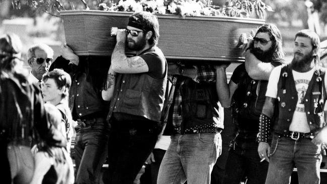 Bandidos bikie gang members acts as pallbearers at the funeral of two of their own at Rookwood Cemetery in Sydney In 1984. Picture: Ian Mainsbridge.