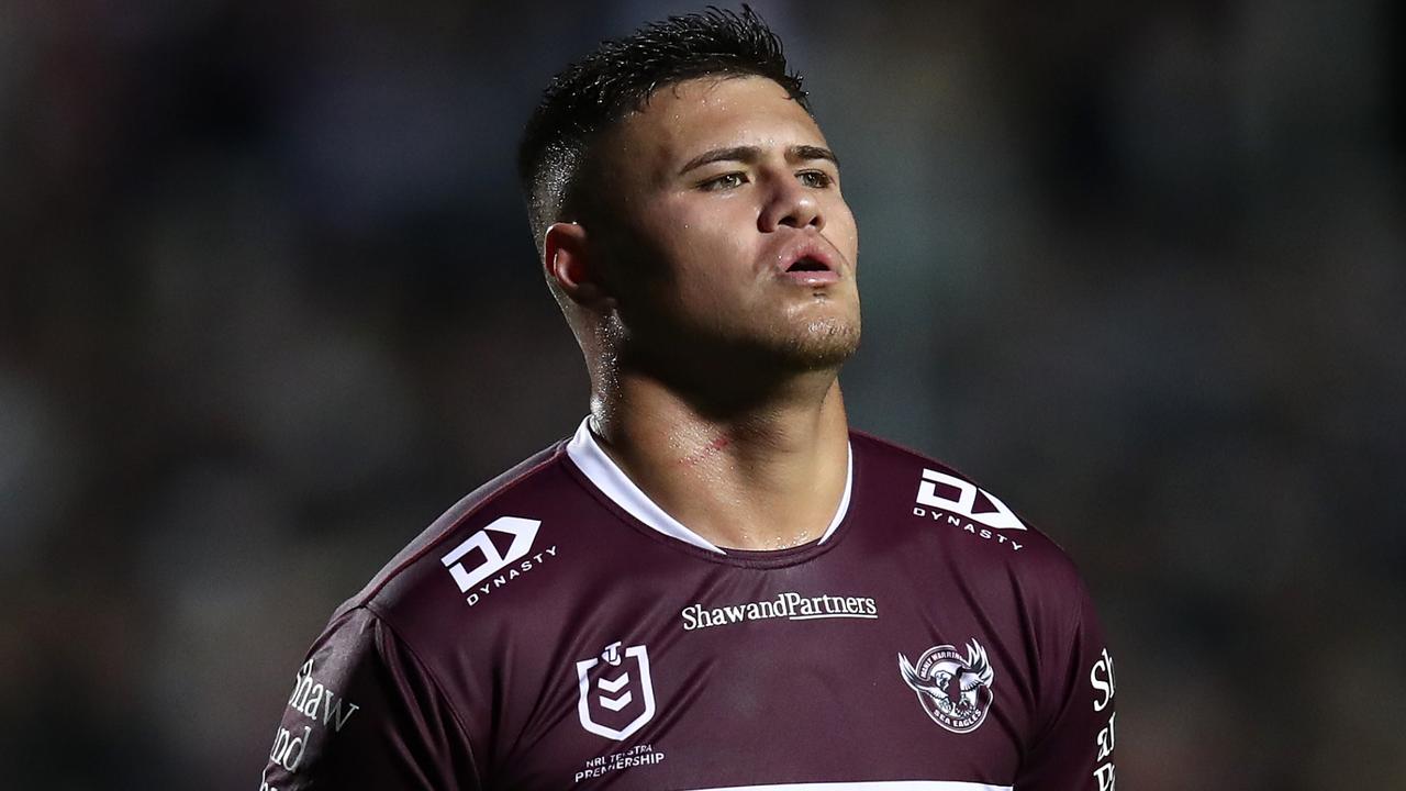 SYDNEY, AUSTRALIA - JUNE 09: Josh Schuster of the Sea Eagles reacts during the round 15 NRL match between Manly Sea Eagles and Dolphins at 4 Pines Park on June 09, 2023 in Sydney, Australia. (Photo by Jason McCawley/Getty Images)