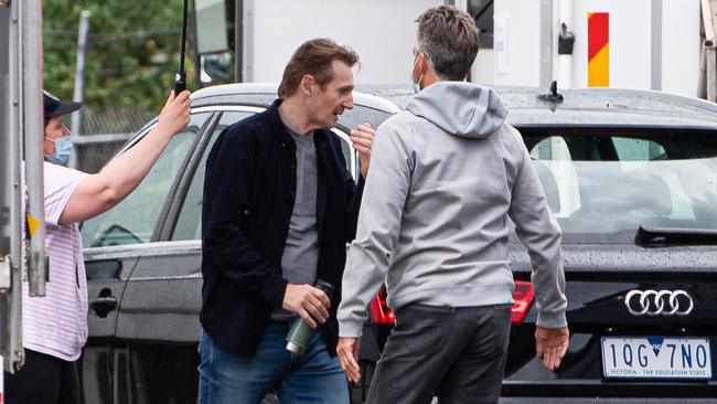 Neeson on set in Noble Park. Picture: Jason Edwards